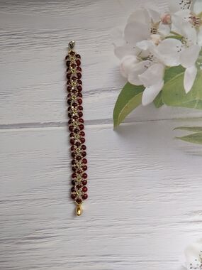 Gold-Tone Bracelet with Deep Red Beads for Women